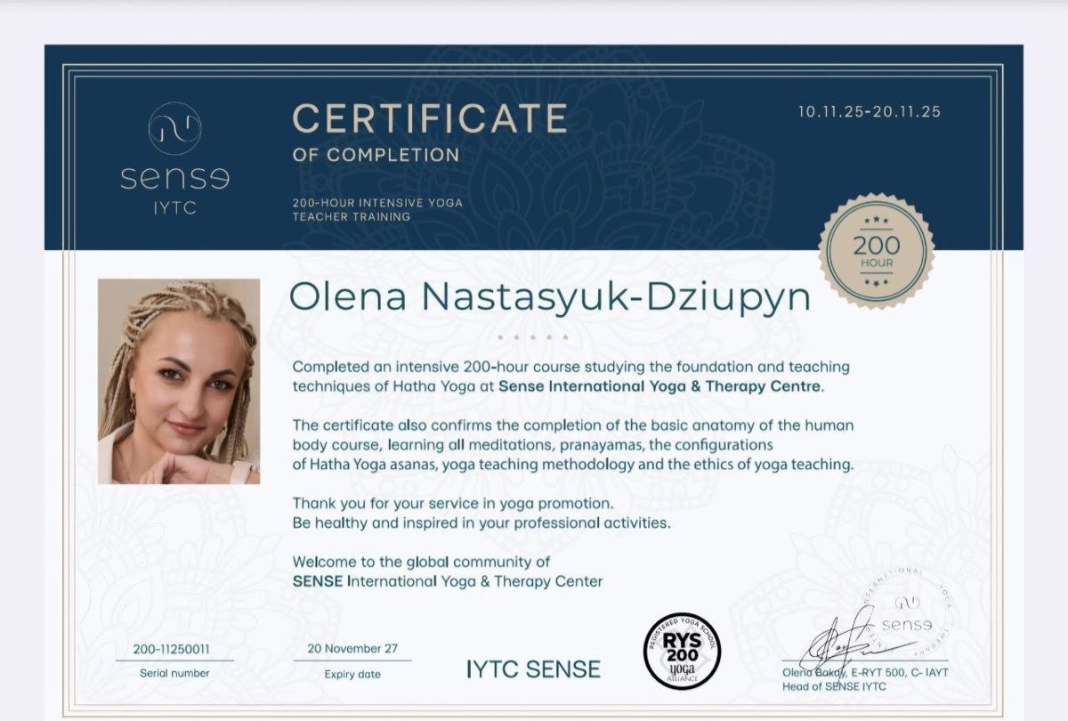 Сертифікат Sense International Yoga & Therapy Centre, 200 годин